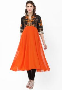 Black and Orange Embroidered Kurta