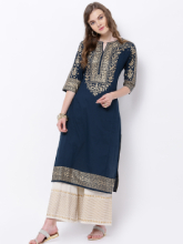 Vishudh Women Teal Blue & Gold-Toned Embroidered Straight Kurta