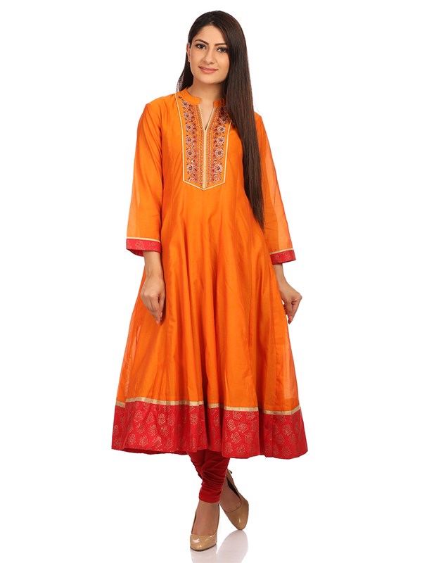 Orange Flared Poly Cotton Kurta at FLAT 50% Off @ Rs.2000