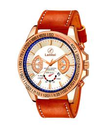 LAMKEI - Men Off-White & Tan Brown Chronograph Leather Watch 