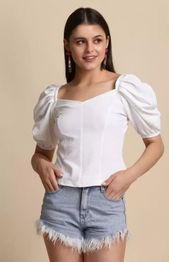 Casual Puff Sleeves Solid Women White Top