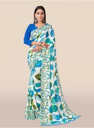 White & Blue Poly Georgette Printed Saree