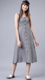 Women Black & White Checked Fit and Flare Dress
