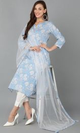 Blue Floral Kurta With Trousers & Dupatta