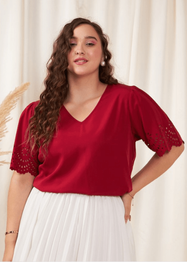 Plus Size V-Neck Puff Sleeves Cut-Out Schiffli Regular Top