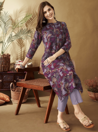 Anouk Floral Printed Band Collar Chanderi Silk Straight Kurta