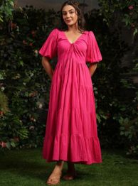 anayna Women Checked Cotton Fit & Flare Maxi Dresses