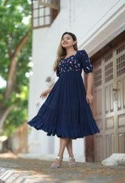 Sadhnazon Floral Embroidered Puff Sleeve Fit & Flare Midi Dress
