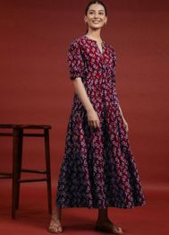 PRESHA Women Floral Printed Puff Sleeve Tiered Fit & Flare Maxi Dress