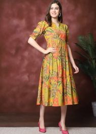 Moda Rapido Floral Print Puff Sleeve Crepe Fit & Flare Midi Dress