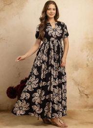 PURSHOTTAM WALA Floral Printed Mandarin Collar Maxi Ethnic Dress