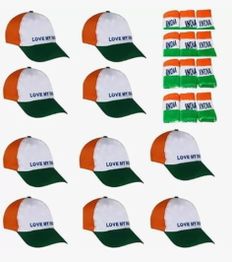 Indian National Flag Cap, Pack of 10 with Free Hand Band