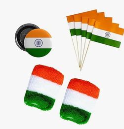 Combo of Tiranga Wrist Band, Flags and Round Pin Badge