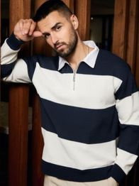  Try This Men Striped Polo Collar T-shirt