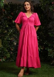 anayna Women Checked Cotton Fit & Flare Maxi Dresses