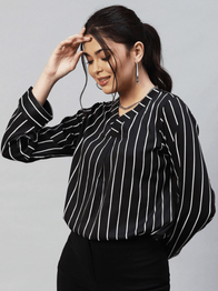 Women Black & White Striped Crepe Top