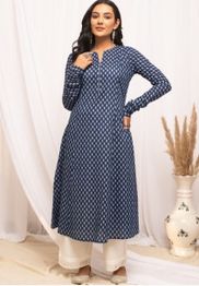 Ethnic Motifs Printed Notched Neck Pure Cotton A-Line Kurta