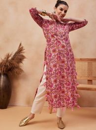 Anouk Floral Printed Round Neck Cotton Straight Kurta