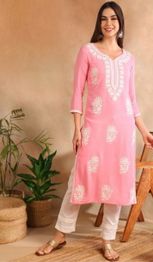 KALINI Floral Embroidered Notch Neck Chikankari Straight Kurta