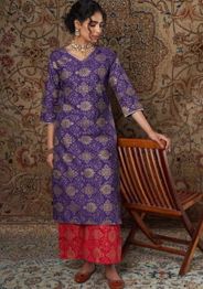 Shae by SASSAFRAS Floral Printed Zari Jacquard Straight Kurta