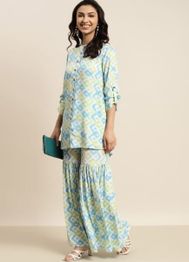 Women Blue & Green Ikat Print Mandarin Collar Roll-Up Sleeves Top