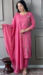 Women Embroidered Straight Kurta with Pants & Dupatta