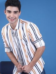 Men White & Mustard Yellow Slim Fit Striped Casual Shirt