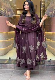 Floral Printed Round Neck Anarkali Kurta With Trousers & Dupatta
