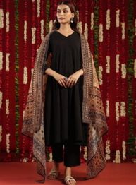Black & Orange Geometric Woven Design Cotton Anarkali Kurta with Trousers & Dupatta