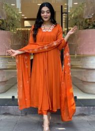 Floral Yoke Design Pleated Thread Work A-Line Republic Day Kurta With Trouser And Dupatta