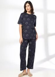 RIO Women Star Print Cotton T-Shirt & Pyjamas Set