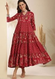 Sangria Women Ethnic Motifs Printed V-Neck Tiered Cotton Fit