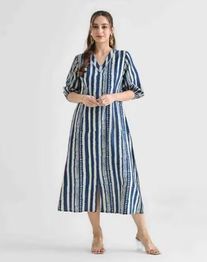 HIVORA Women Striped V-Neck A-Line Dress