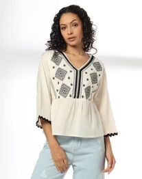 DNMX Women Embroidered Relaxed Fit Peplum Top