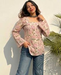 JAHIDA Floral Printed Square Neck Pure Cotton Kurti