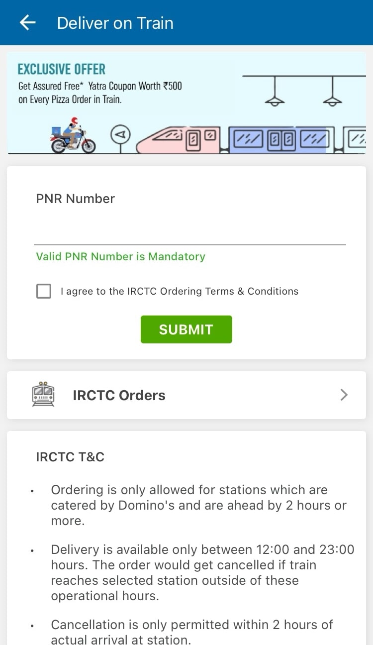How to order dominos pizza on train