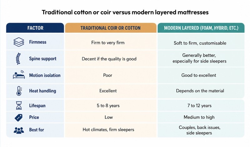 traditional cotton or coir vs modern layered mattresses